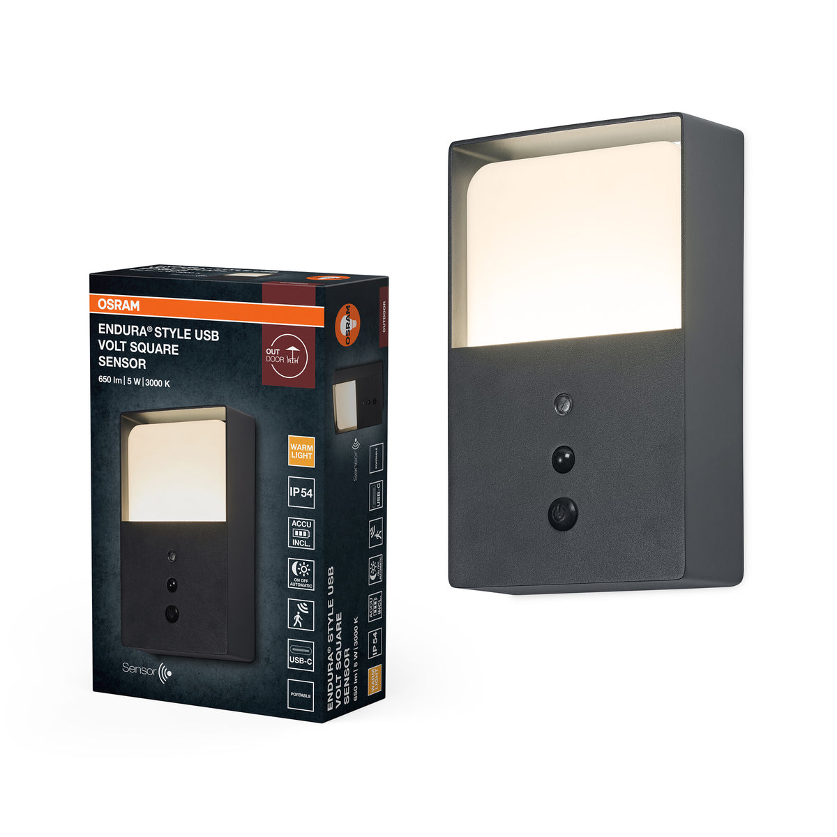 ENDURA Style USB Volt buitenwandlamp, donkergrijs, 5 W, 350 lm, 3000 K, 230° stralingshoek, IP54, lithium-ion-accu, opladen via USB-C, levensduur 50.000 uur