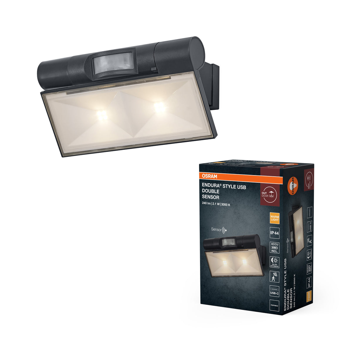OSRAM-spot/schijnwerper donkergrijs, 180 lm, 2,1 W, IP44, warmwit, 3000 K, 110° stralingshoek, lichtsensor, levensduur 25.000 uur