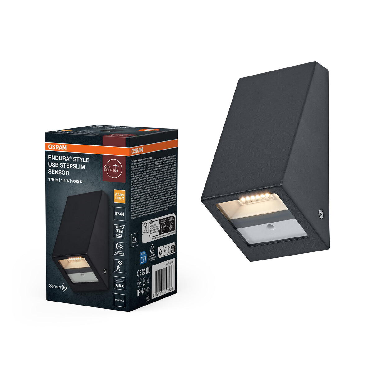 OSRAM buitenwandlamp, donkergrijs, accu met USB-C, 1,5 W, 120 lm, 3000 K, 105° stralingshoek, IP44, bewegingsmelder, daglichtsensor, levensduur 25.000 uur