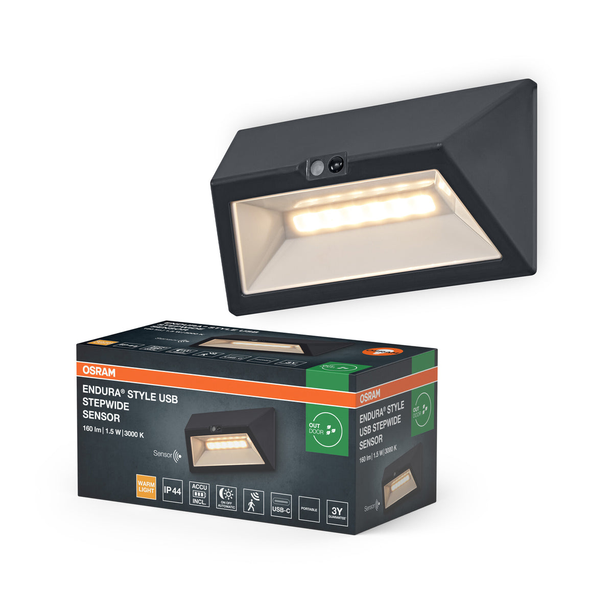 ENDURA® Style buitenwandlamp USB Wall Step Wide Sensor 3000K IP44 donkergrijs