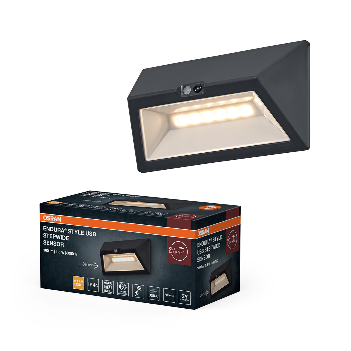 OSRAM Außenwandleuchte, Dark Grey, 1,5 W, 110 lm, 3000 K, 55° Abstrahlwinkel, 25. 000 h Lebensdauer, IP44, PIR-Bewegungsmelder, USB-C-Ladefunktion