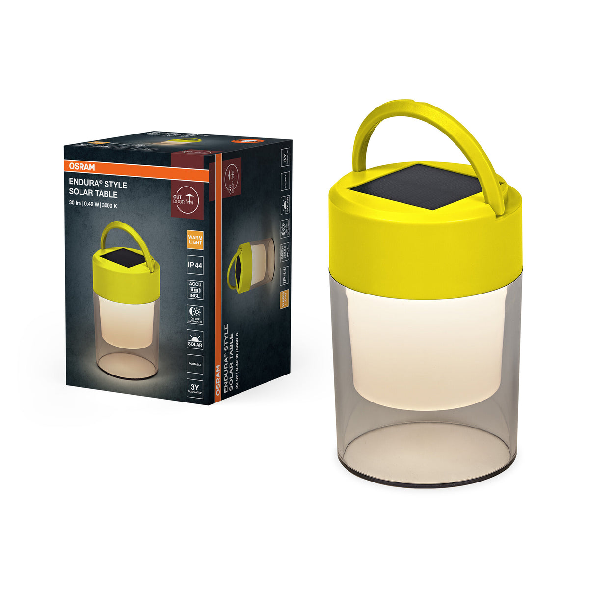 ENDURA Style Solar-tafellamp, geel, werkt op zonne-energie, 3000 K, 20 lm, 170° stralingshoek, IP44, 199 mm hoog, levensduur 25.000 uur, dimbaar, lithium-ion-accu, oplaadtijd 8 uur