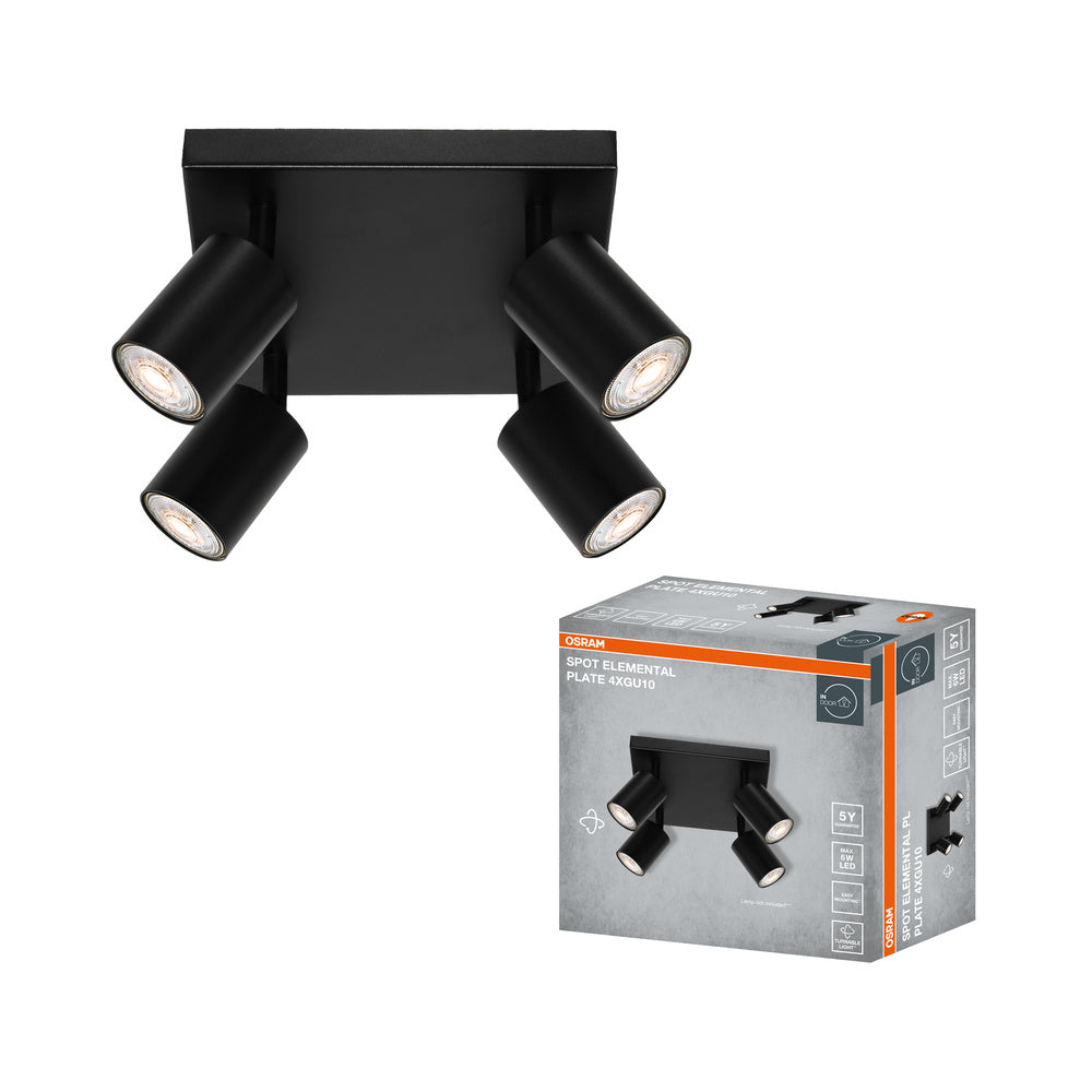OSRAM 4-punts LED-spot ELEMENTAL plaat, zwart, licht, 4xGU10, zwart, 21 x 13,8 x 21 cm