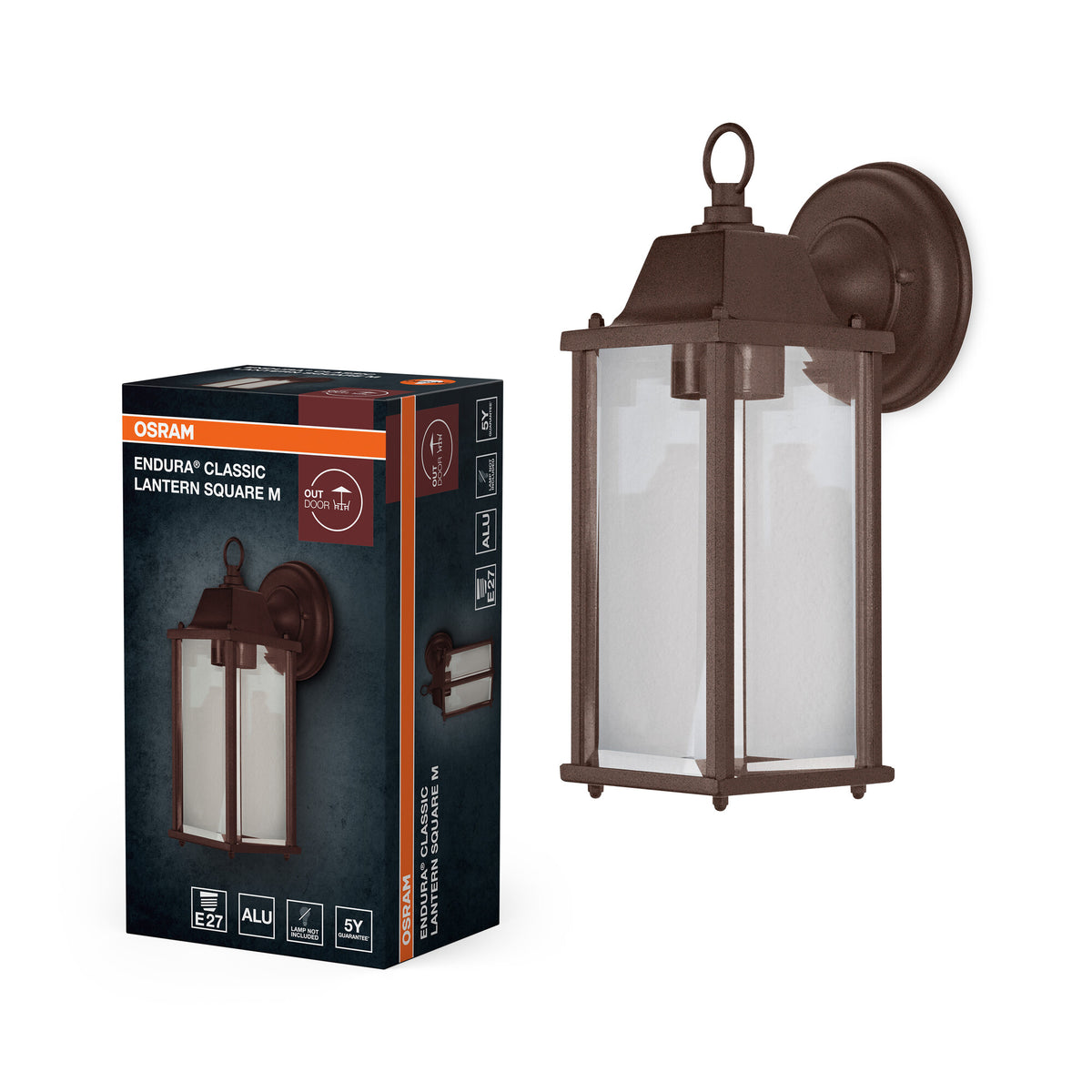 OSRAM Außenwandleuchte, Rust, E27, Aluminiumgehäuse, Glasabdeckung, IP43, 220–240 V, 105 mm Länge, 150 mm Breite, 293 mm Höhe, 1 Leuchtmittel, Mounting screws