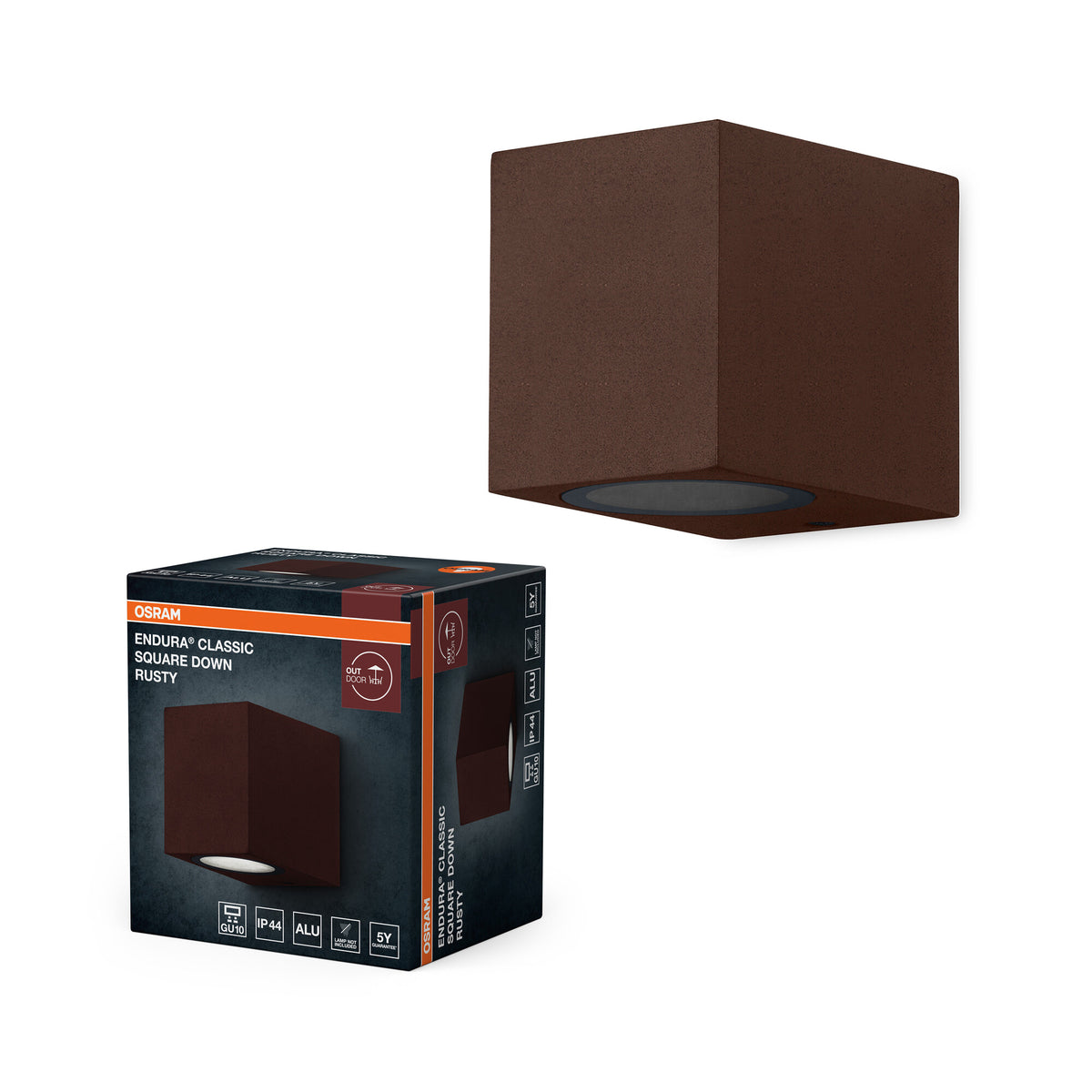ENDURA Classic Square Außenwandleuchte, Rust, GU10-Sockel, IP44, Aluminiumgehäuse, Glasabdeckung, 220–240 V, 0–7 W geeignet, Oberfläche montierbar