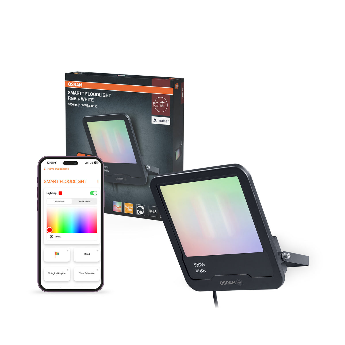 OSRAM SMART+ MATTER Floodlight LED-schijnwerper, 30 W, 2400 lm, RGBW 16 miljoen kleuren, 3000 K, wifi, Matter, Alexa/Google, IP65