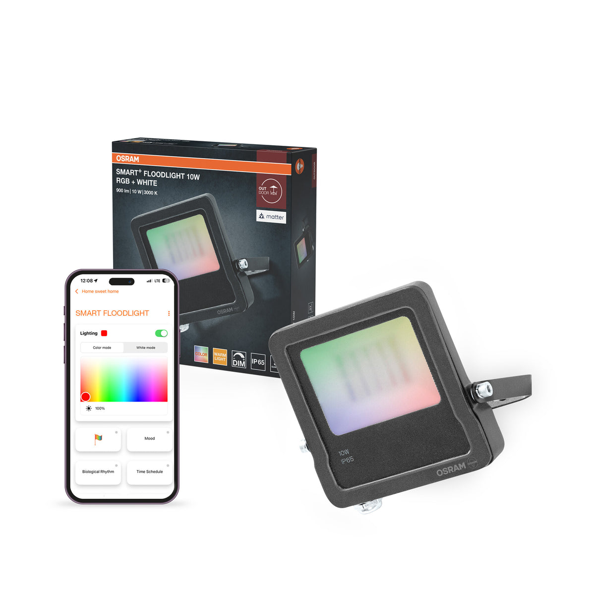 OSRAM SMART+ MATTER Floodlight LED-schijnwerper, 10 W, 8000 lm, RGBW 16 miljoen kleuren, 3000 K, wifi, Matter, Alexa/Google, IP65