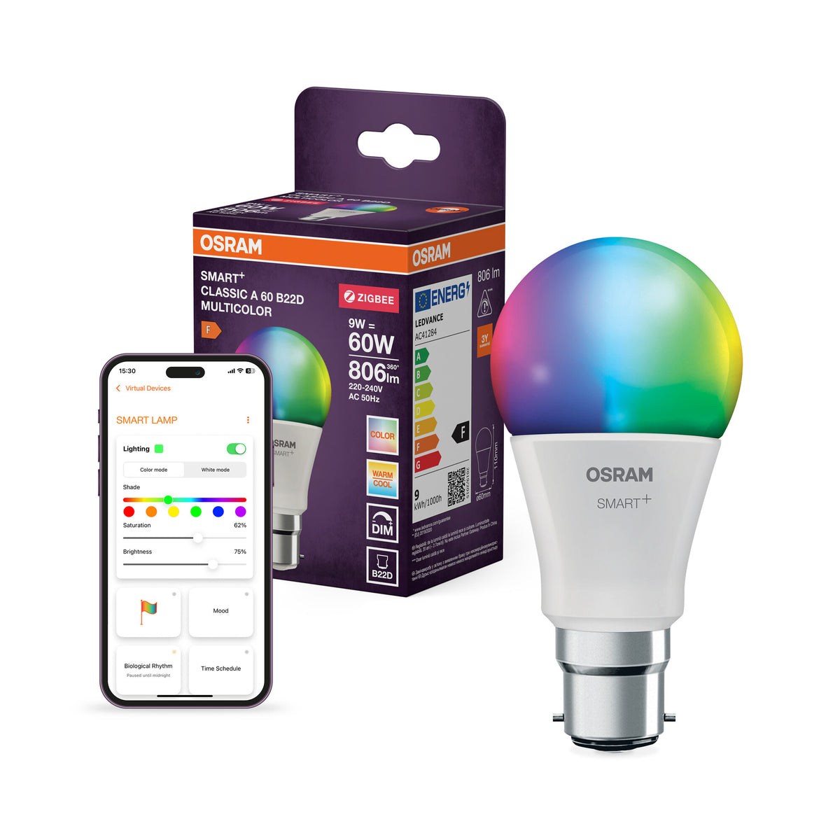 OSRAM SMART+ ZIGBEE Classic Multicolour in A-vorm, LED-lamp, mat, 9 W, 806 lm, van 2700 tot 6500 K, wifi, compatibel met smart speakers, dimbaar