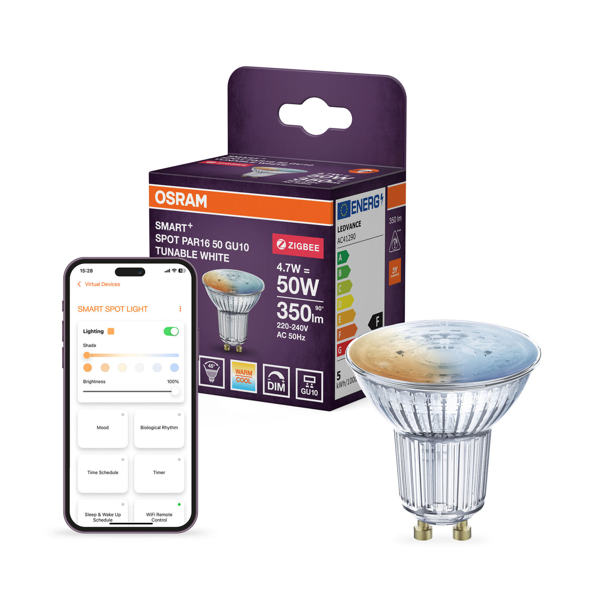 OSRAM SMART+ ZIGBEE Spot Tunable White in PAR16-uitvoering, LED-spot, glas, 4,7 W, 350 lm, van 2700 tot 6500 K, Zigbee, compatibel met smart speakers, dimbaar