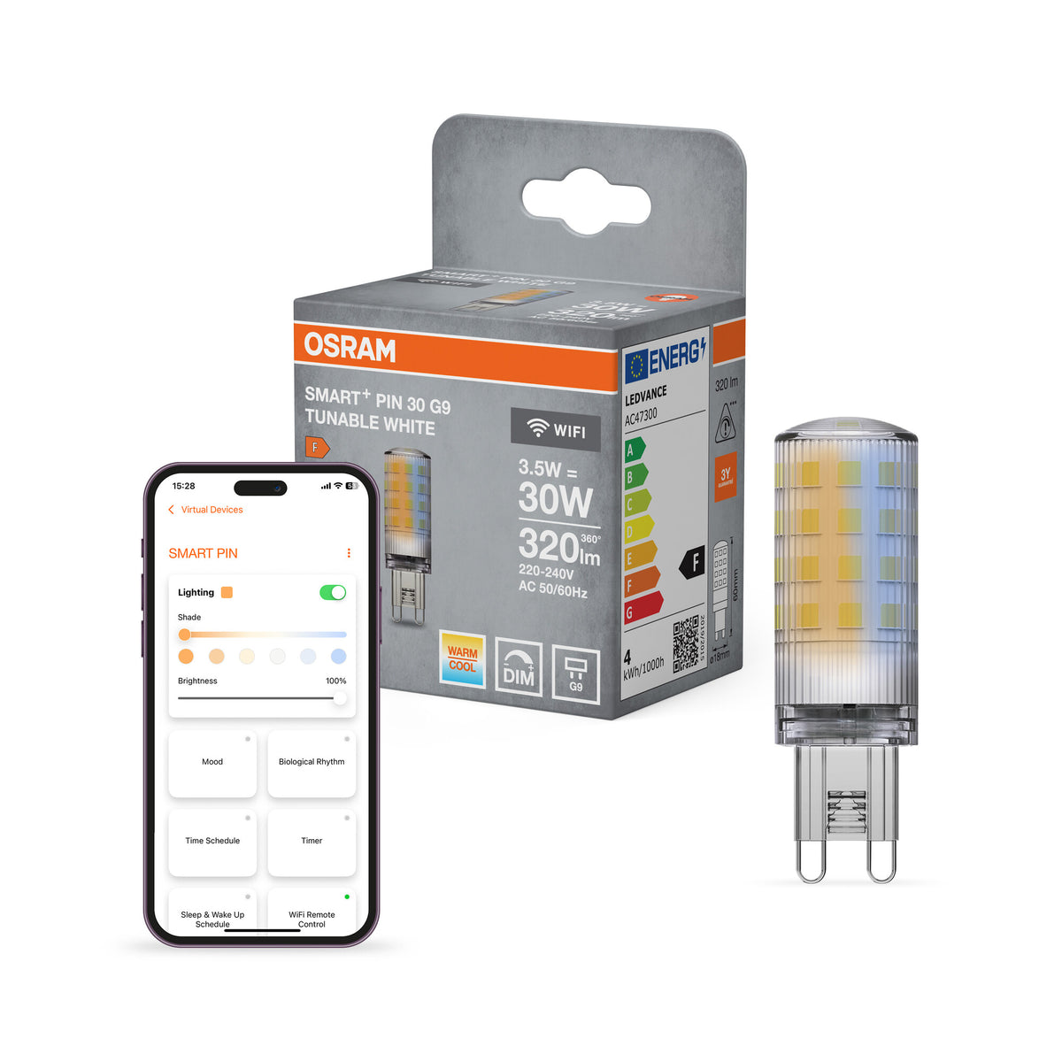 OSRAM SMART+ WIFI PIN G9 TUNABLE WHITE in penvorm, LED-lamp met penvoet, helder, 3,5 W, 320 lm, van 2700 tot 6500 K, wifi, compatibel met smart speakers, dimbaar