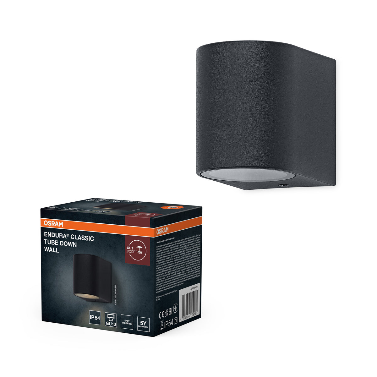 ENDURA Classic Tube buitenwandlamp, donkergrijs, GU10-fitting, IP54, glazen kap, behuizing van koolstofvezelnylon, geschikt voor 0-5 W, levensduur 25.000 uur, klaar om te monteren.