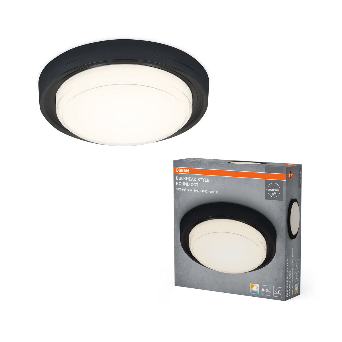 OSRAM plafondlamp zwart, 3000 K / 4000 K / 6500 K, warmwit, 2100 lm, 24 W, 22 cm ⌀
