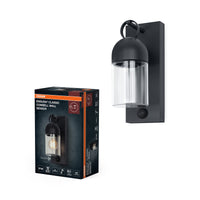 OSRAM buitenwandlamp, donkergrijs, E27, IP65, glas, aluminium, PIR-bewegingssensor, daglichtsensor, levensduur 25.000 uur, 0-40 W