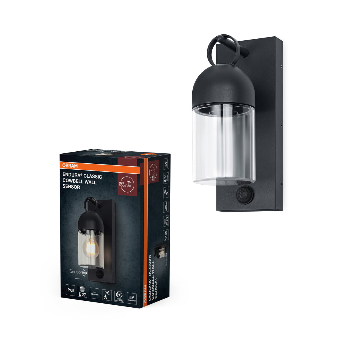OSRAM buitenwandlamp, donkergrijs, E27, IP65, glas, aluminium, PIR-bewegingssensor, daglichtsensor, levensduur 25.000 uur, 0-40 W