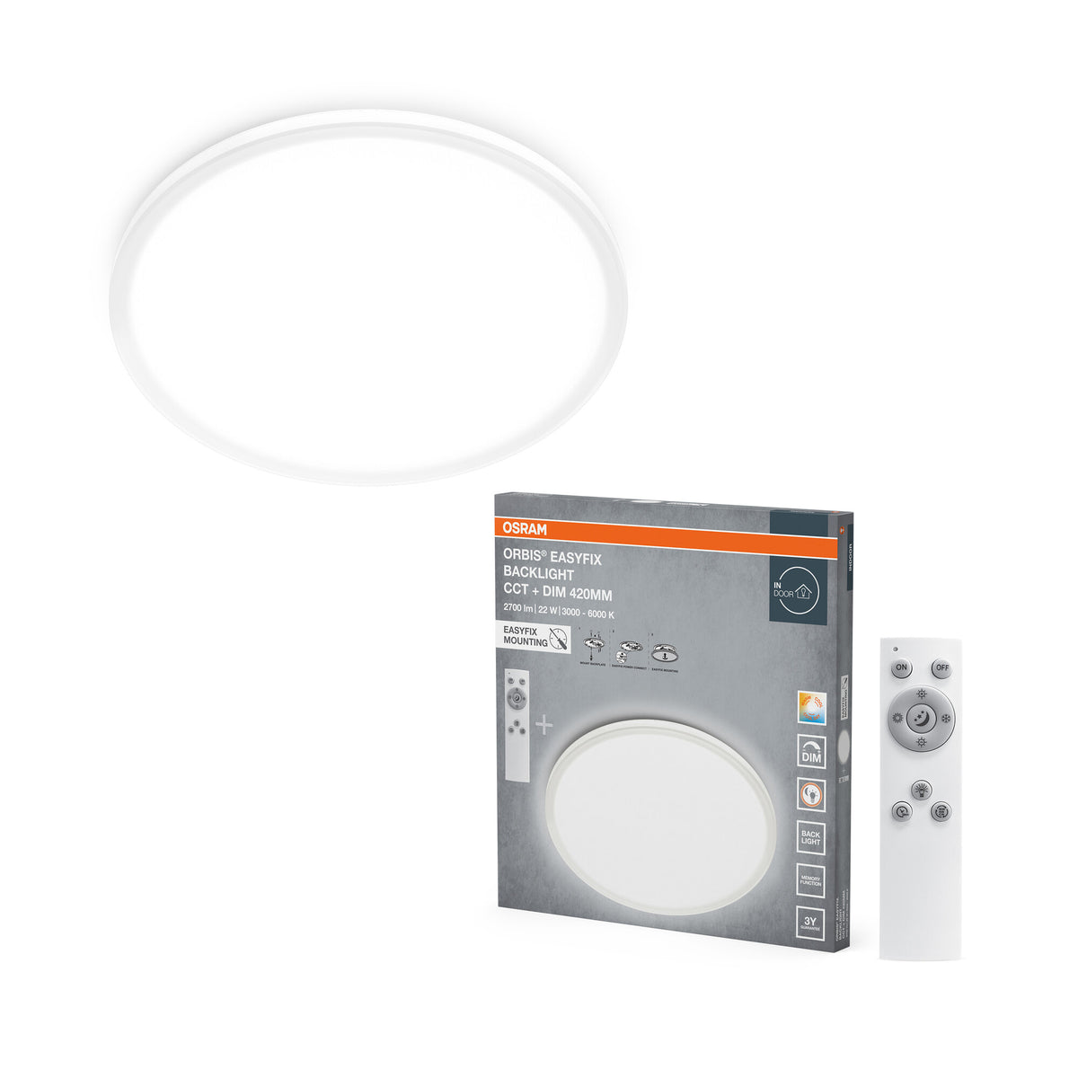 OSRAM ORBIS EASYFIX LED-plafondlamp met achtergrondverlichting 42 cm 22 W CCT + DIM afstandsbediening, wit
