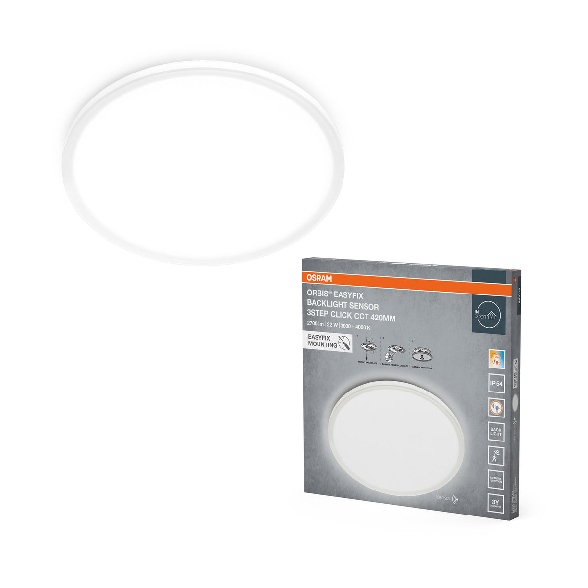 OSRAM ORBIS EASYFIX LED-plafondlamp met achtergrondverlichting 42 cm 22 W 3Step Click CCT-sensor IP54, wit