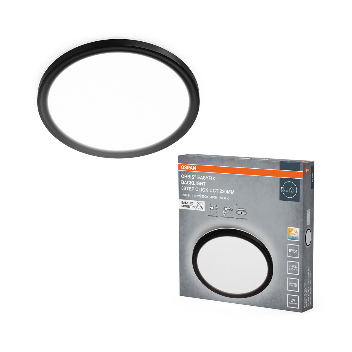 OSRAM ORBIS EASYFIX LED-plafondlamp met achtergrondverlichting 22 cm 14 W 3Step Click CCT IP54, zwart