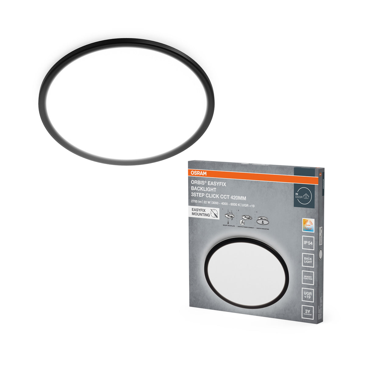 OSRAM ORBIS EASYFIX LED Backlight Deckenleuchte 42cm 22W 3Step Click CCT IP54, schwarz