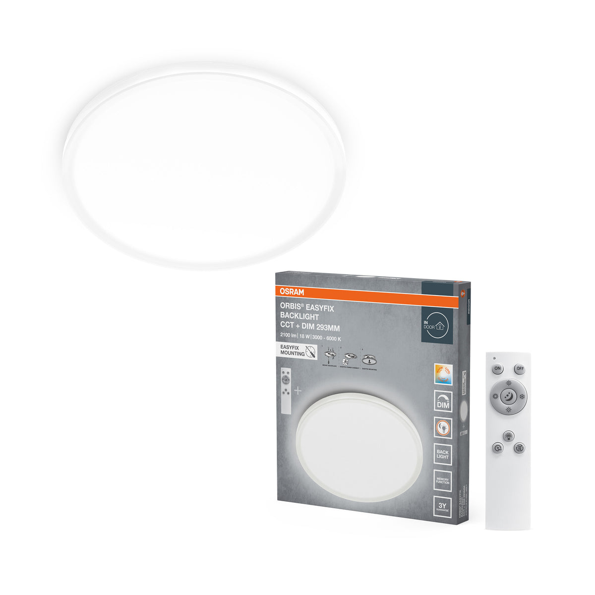OSRAM ORBIS EASYFIX LED Backlight Deckenleuchte 29,3cm 18W CCT +DIM Fernbedienung, weiß