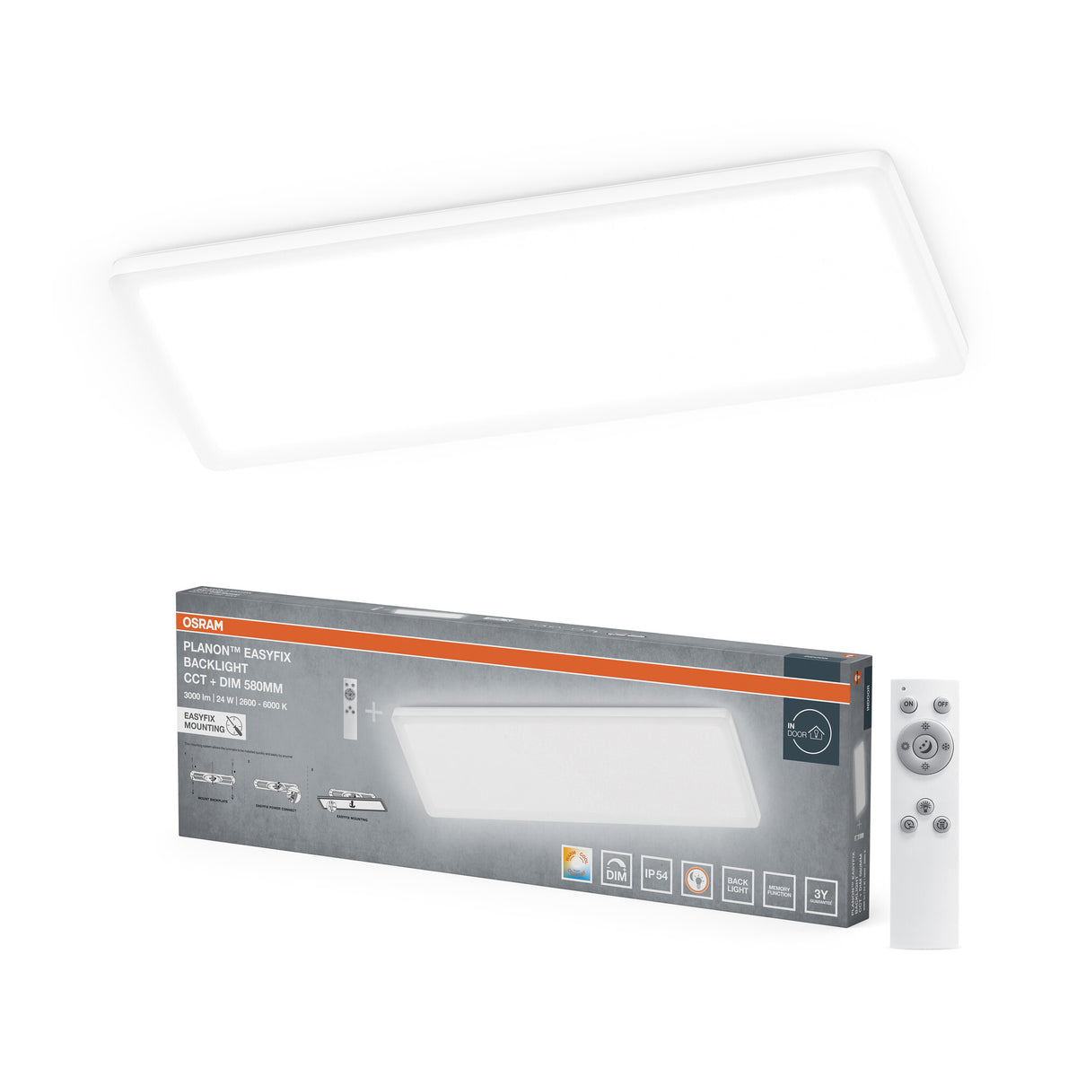 OSRAM PLANON EASYFIX LED Panel Backlight Deckenleuchte 24W 58cm CCT +DIM Fernbedienung IP54, weiß