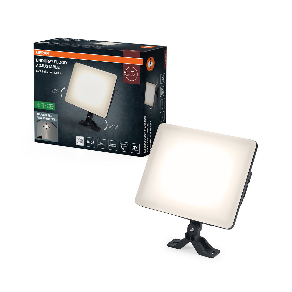 OSRAM ENDURA Flood verstelbare LED-schijnwerper, 50 W, 4250 lm, 4000 K koudwit, zwart, aluminium, zwenkbaar, IP65