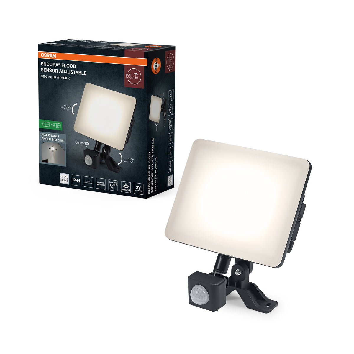 OSRAM ENDURA Flood Sensor verstelbare LED-schijnwerper, 30 W, 2550 lm, 4000 K koudwit, bewegingsmelder, zwart, aluminium, IP44