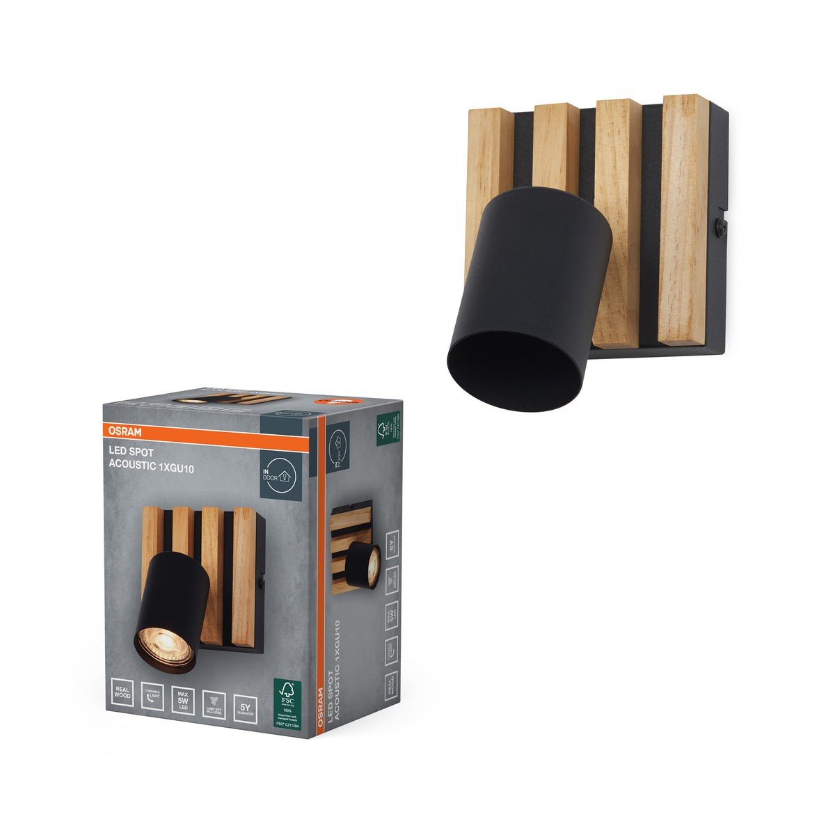 OSRAM LED Spot Acoustic Zwart/houtdecor, staal en grenenhout, 220-240 V, GU10, klemverbinding, 3-polig (L, N, PE)