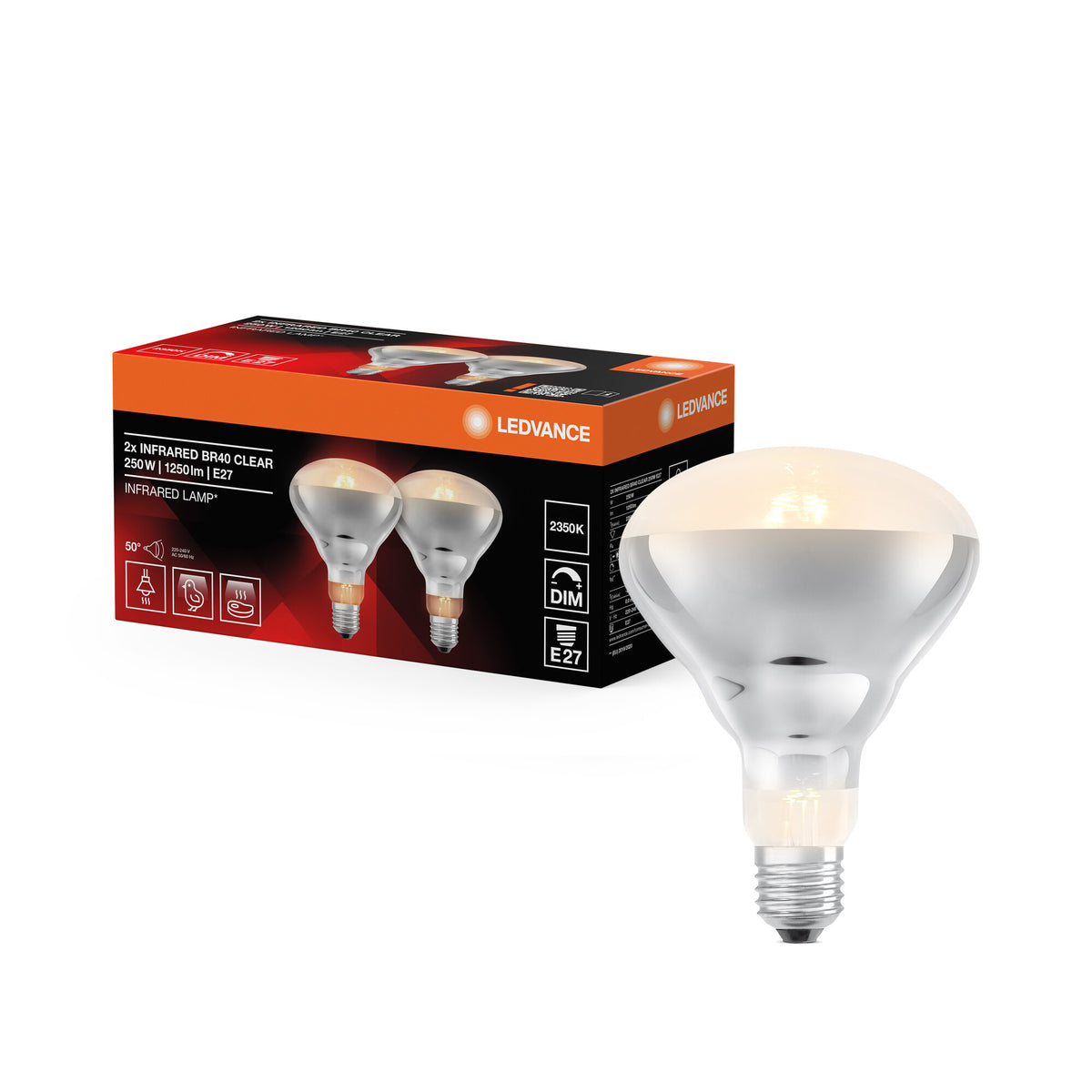 LEDVANCE Infrarotlampe, Wärmelampe, 2350 K, 250 W, 12,5 cm ⌀, Glas, 50° Abstrahlwinkel, 5.000 h Lebensdauer, 240 V, E27, IP20