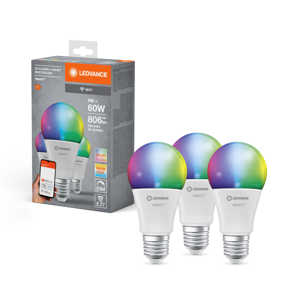 LEDVANCE SMART+ WiFi Classic Multicolour in A-vorm, LED-lamp, mat, 9 W, (ex 60 W), 806 lm, RGBW, van 2700 tot 6500 K, wifi, compatibel met smart speakers, dimbaar, set van 3
