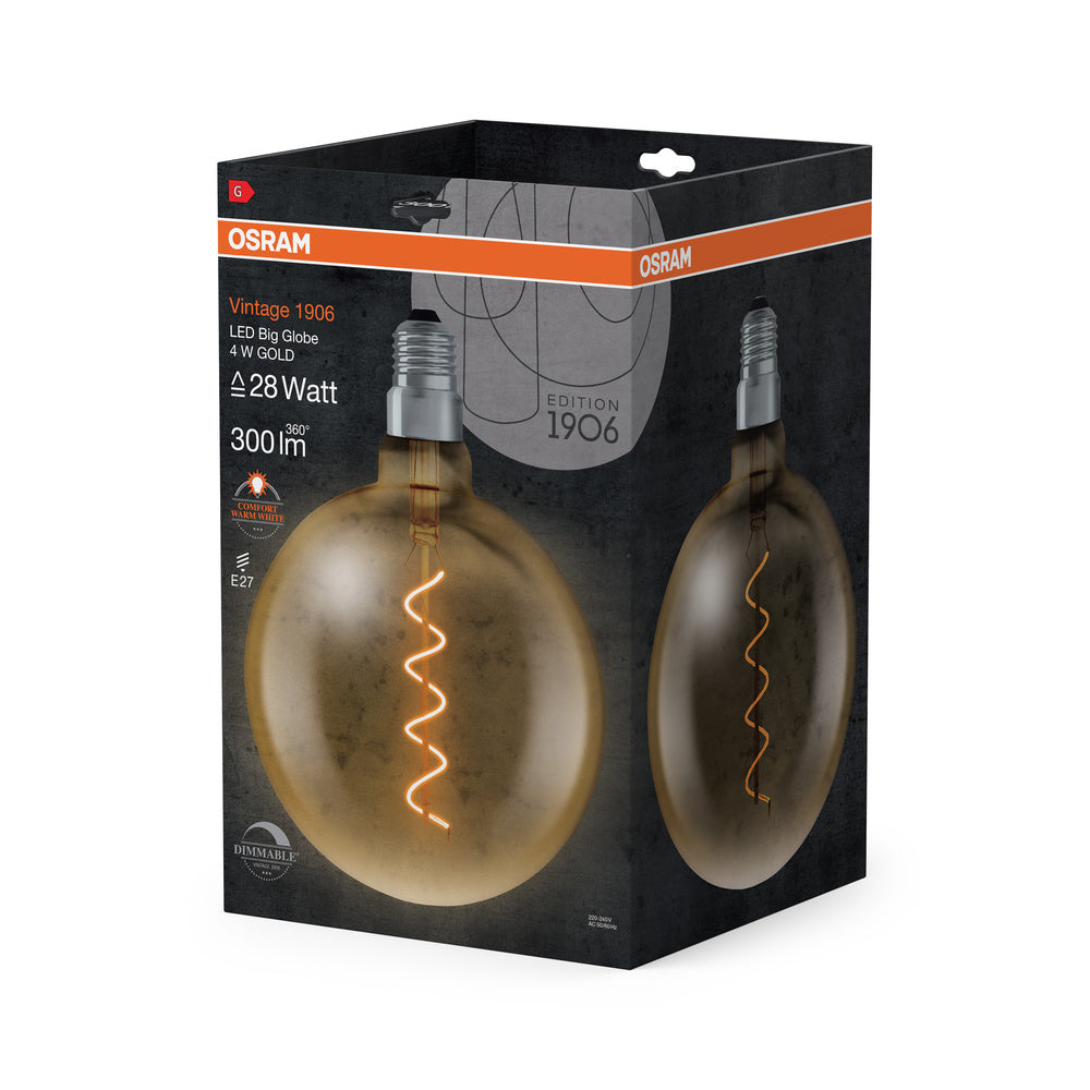 OSRAM VINTAGE 1906® LED Lampe LED CLASSIC Globe Dimmable 4W 820 Gold E27 Silver Socket, 300 lm, 2000 K, Warm Comfort Light-LEDVANCE Shop