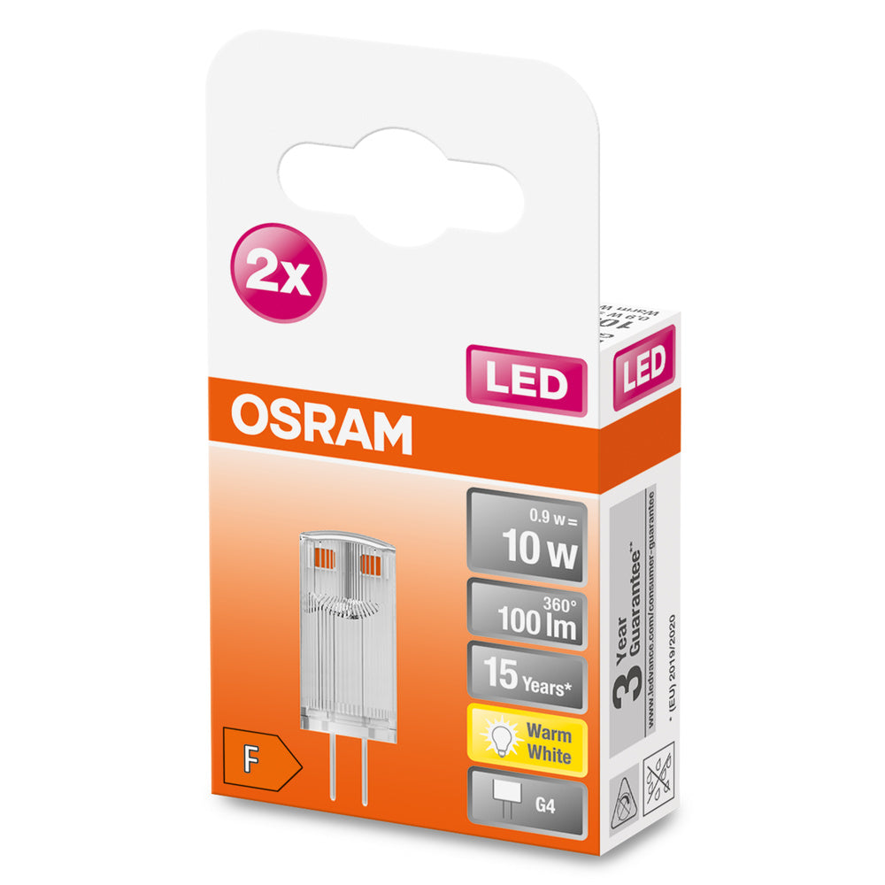 OSRAM LED Stiftsockellampe PIN 12 V 0.9W 827 Clear G4 2er Pack, 100 lm, 2700 K, Warmweiß-LEDVANCE Shop