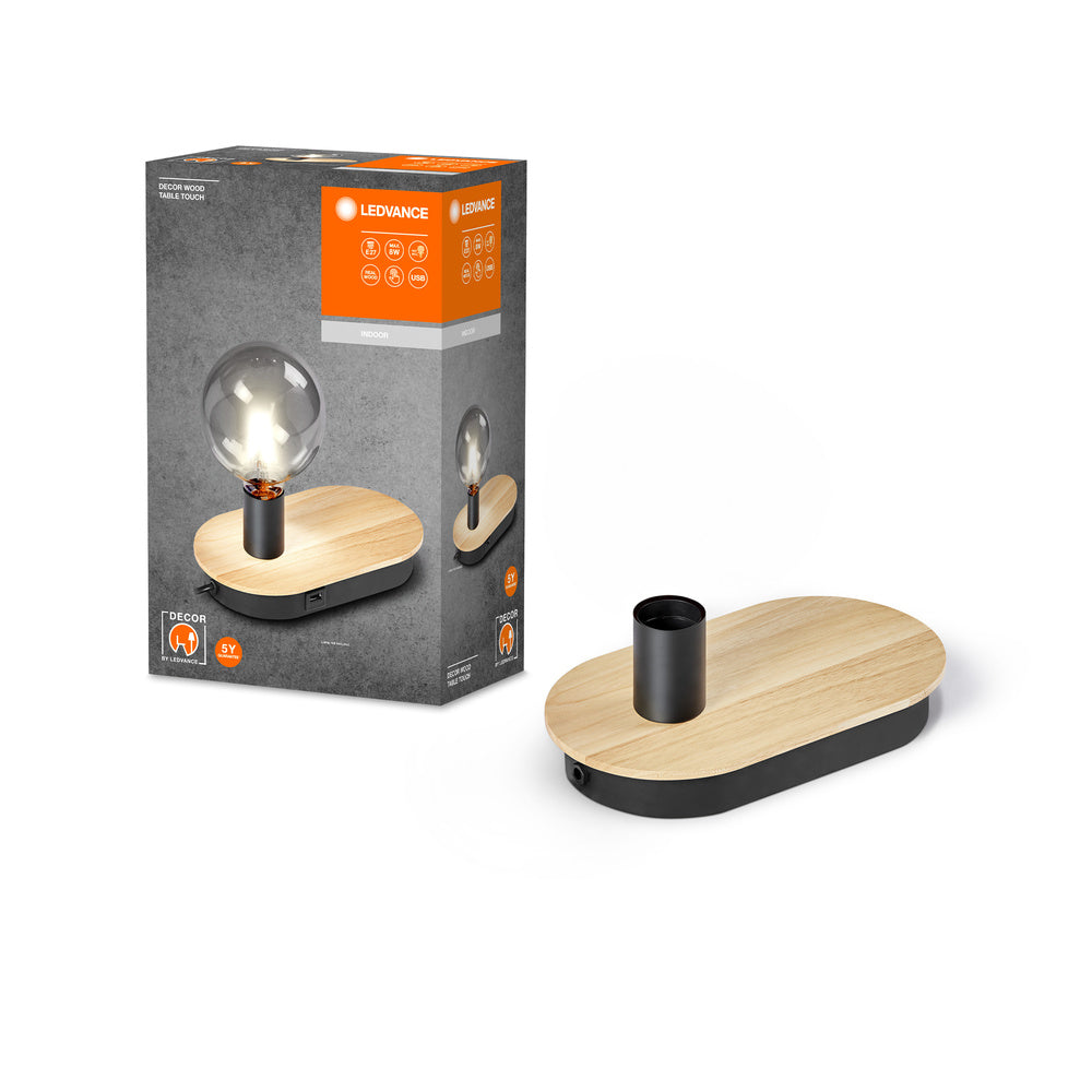 LEDVANCE DECOR Wood Touch Tischleuchte USB, schwarz/holz, E27-Tischlampen-LEDVANCE Shop