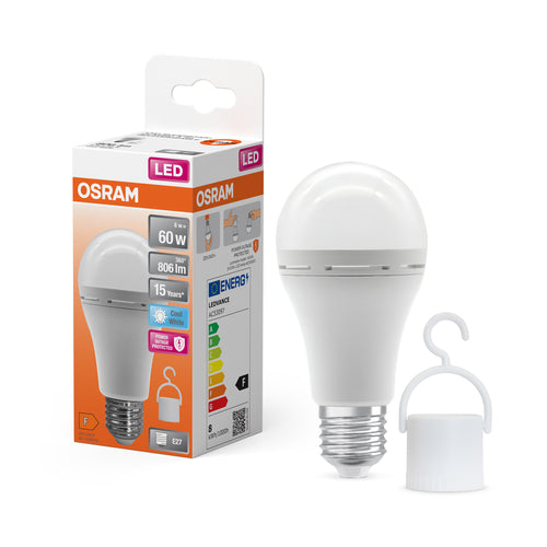 OSRAM LED Classic A 60 Camping Lampe / Notlicht mit integriertem wiederaufladbaren Akku (ex 60W) 8W Kaltweiß E27-Leuchtmittel-LEDVANCE Shop