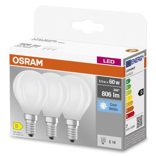 OSRAM LED BASE RETRO MATT CLP LED-Lampen, klassische Miniballform 5,5W E14 840, 3er Pack , Kaltweiß-Leuchtmittel-LEDVANCE Shop