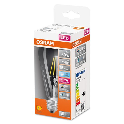 OSRAM Dimmbare FILAMENT LED-Lampe LED SUPERSTAR+ CL Edison FIL 60 dim 5,8W/940 E27 CRI90 BOX, E27-Leuchtmittel-LEDVANCE Shop