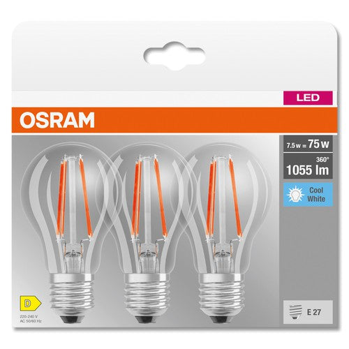 OSRAM LED BASE CLASSIC A Lampe klar (ex 75W) 7,5W / 4000K Kaltweiß E27, 3er Pack-Leuchtmittel-LEDVANCE Shop