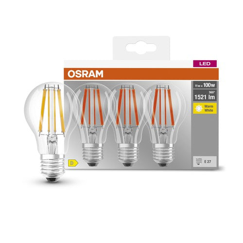 OSRAM LED BASE CLASSIC A Lampe klar (ex 100W) 11W / 2700K Warmweiß E27, 3er Pack-Leuchtmittel-LEDVANCE Shop