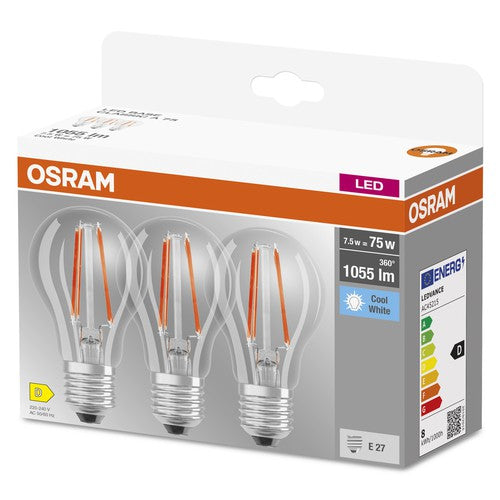 OSRAM LED BASE CLASSIC A Lampe klar (ex 75W) 7,5W / 4000K Kaltweiß E27, 3er Pack-Leuchtmittel-LEDVANCE Shop