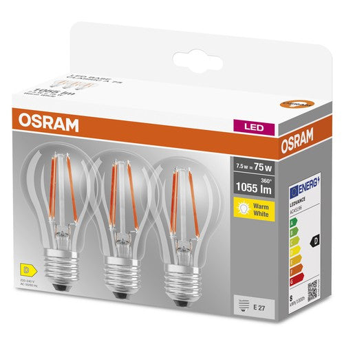 OSRAM LED BASE CLASSIC A Lampe klar (ex 75W) 7,5W / 2700K Warmweiß E27, 3er Pack-Leuchtmittel-LEDVANCE Shop