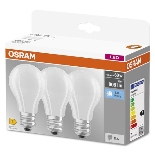 OSRAM LED Base Classic A Lampe matt (ex 60W) 6,5W / 4000K Kaltweiß E27, 3er Pack-Leuchtmittel-LEDVANCE Shop