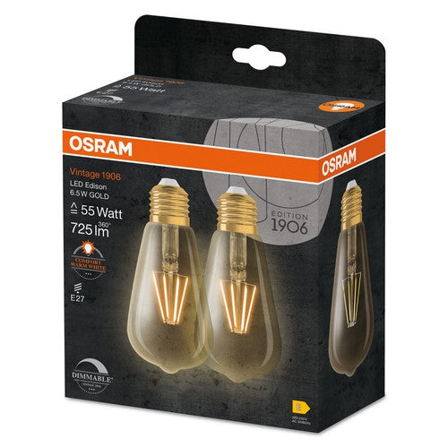 OSRAM LED-Lampe dimmbar EDISON 6.5W Filament E27 Vintage 1906 Gold, E27, 2er Pack-Leuchtmittel-LEDVANCE Shop