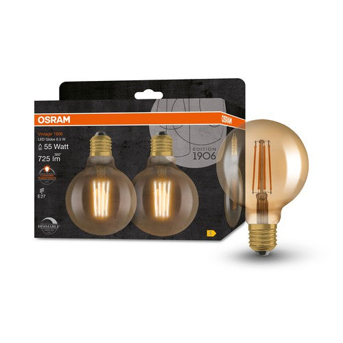 OSRAM LED-Lampe dimmbar GLOBE95 6.5W Filament E27 Vintage 1906 Gold, 2er Pack, E27-Leuchtmittel-LEDVANCE Shop