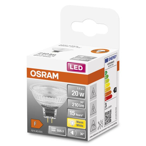 OSRAM MR16 LED Reflektorlampe mit GU5.3 Sockel, Warmweiss (2700K), Glas Spot, 2.6W, Ersatz für 20W-Reflektorlampe, LED STAR MR16 12 V-Leuchtmittel-LEDVANCE Shop