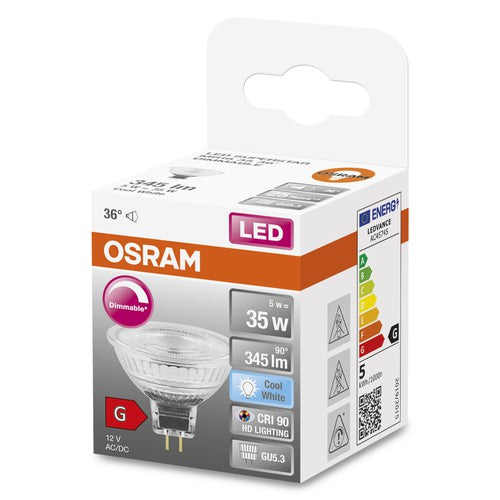 OSRAM Dimmbare MR16 LED Reflektorlampe mit GU5.3 Sockel, Kaltweiss (4000K), 4.9W, Ersatz für 35W-Reflektorlampe, LED SUPERSTAR MR16 12 V-Leuchtmittel-LEDVANCE Shop