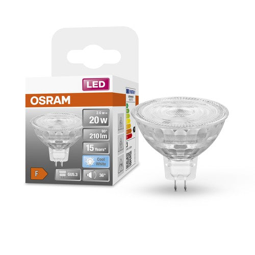 OSRAM MR16 LED Reflektorlampe mit GU5.3 Sockel, Kaltweiss (4000K), Glas Spot, 2.6W, Ersatz für 20W-Reflektorlampe, LED STAR MR16 12 V-Leuchtmittel-LEDVANCE Shop