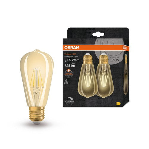 OSRAM LED-Lampe dimmbar EDISON 6.5W Filament E27 Vintage 1906 Gold, E27, 2er Pack-Leuchtmittel-LEDVANCE Shop