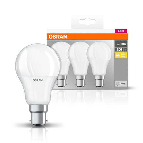 OSRAM BASE CLA60 8,5W/827 230VFR B22D FS3, Warmweiß, 3er Pack-Leuchtmittel-LEDVANCE Shop