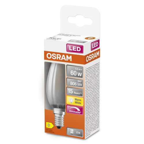 OSRAM Retrofit Classic B LED Lampe Kerzenform dimmbar matt (ex 60W) 6,5W / 2700K Warmweiß E14-Leuchtmittel-LEDVANCE Shop